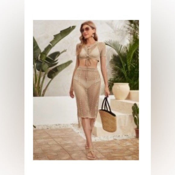 SHEIN Other - SHEIN Sheer Lace Up Knit Crop Top & Skirt Cover Up